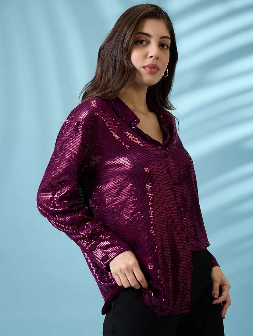 women embellished collared long sleeves shirt - 21926782 -  Standard Image - 1