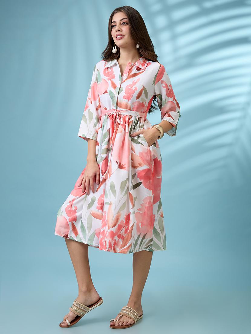 women white floral print shirt collar gathered fit and flare midi fusion dress with belt - 21926783 -  Standard Image - 1