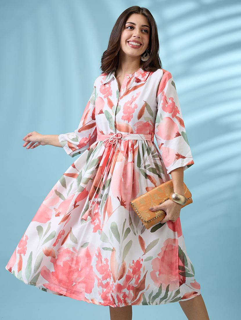 women white floral print shirt collar gathered fit and flare midi fusion dress with belt - 21926783 - Standard Image - 4