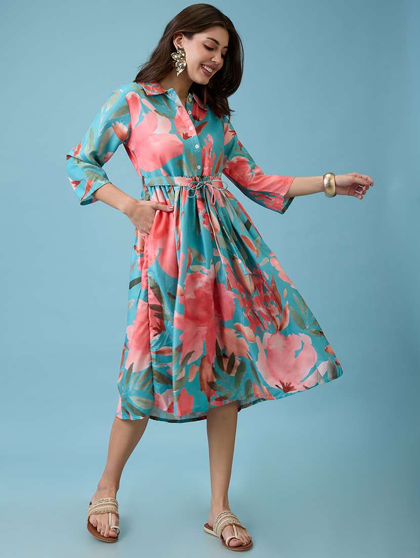 women green floral print shirt collar gathered fit and flare midi fusion dress with belt - 21926784 -  Standard Image - 1