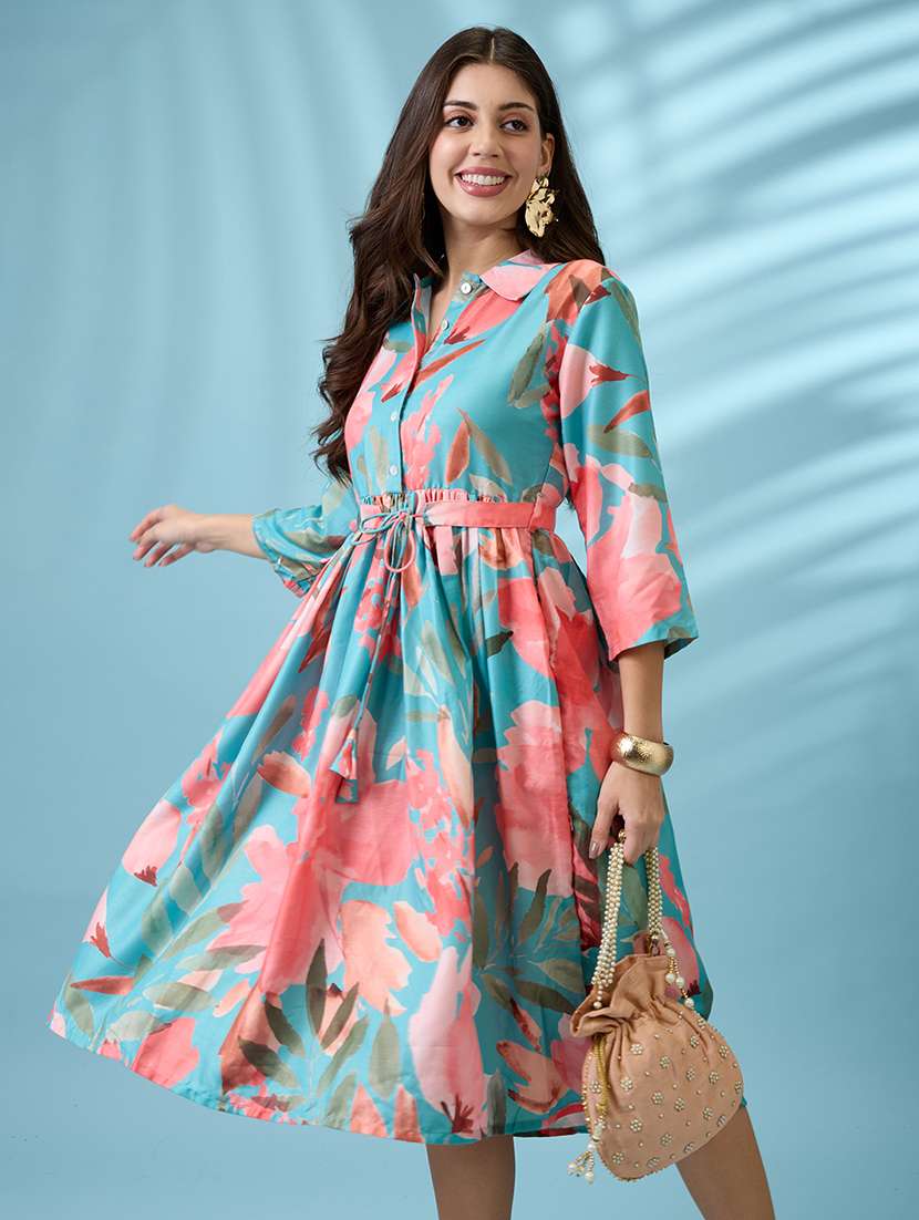 women green floral print shirt collar gathered fit and flare midi fusion dress with belt - 21926784 -  Standard Image - 4