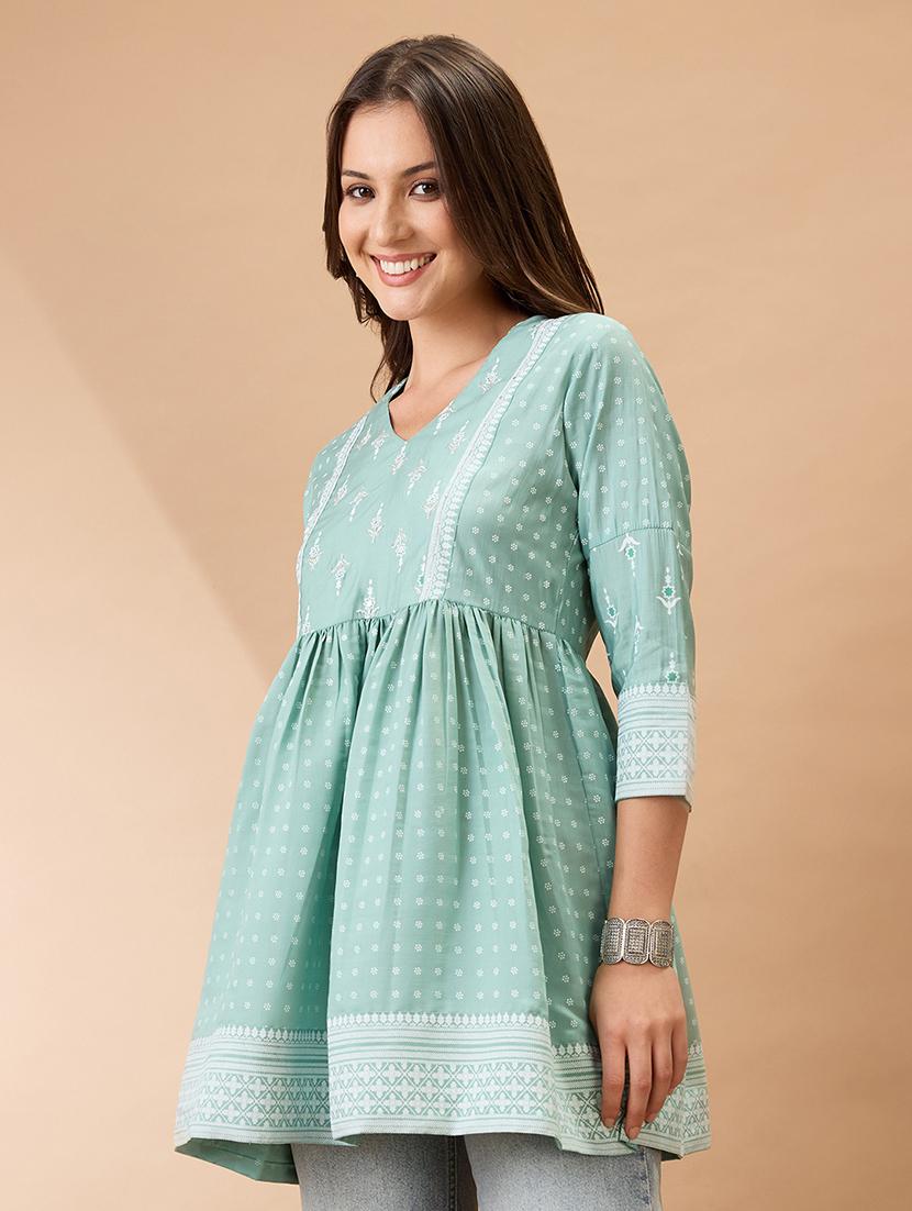 women green ethnic print v-neck sequinned detail gathered tunic  - 21926785 -  Standard Image - 1