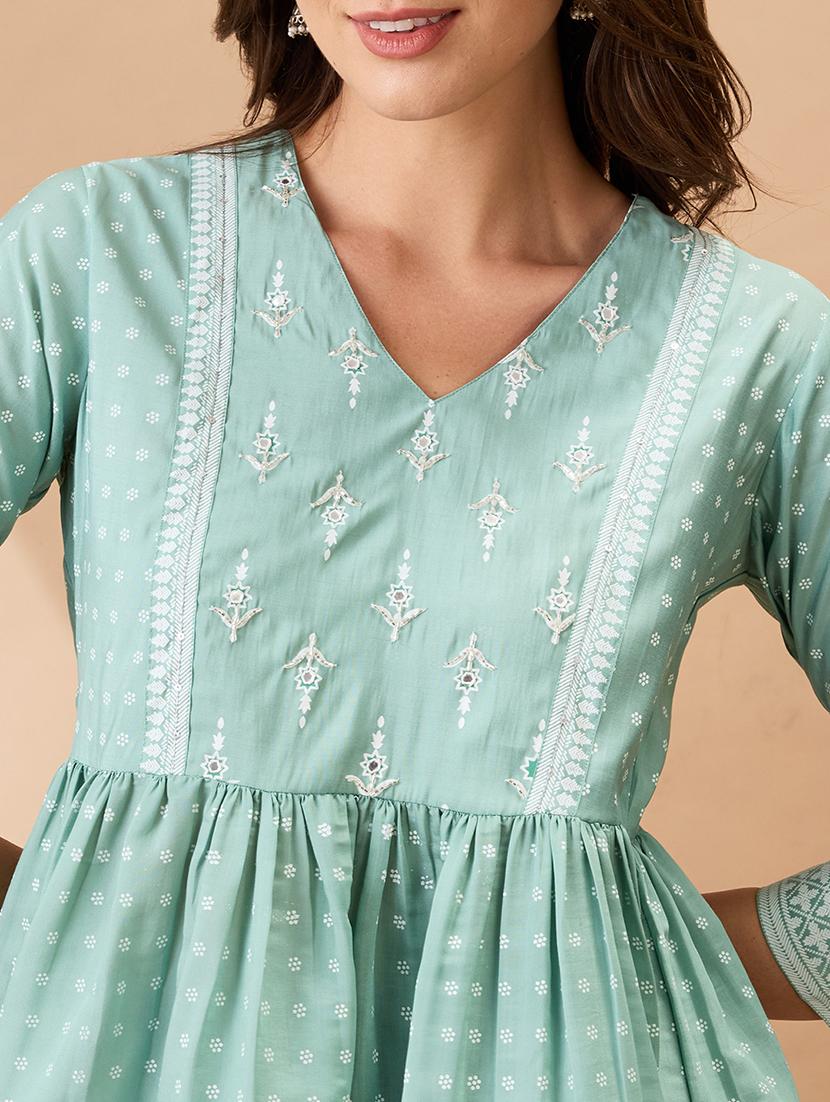 women green ethnic print v-neck sequinned detail gathered tunic - 21926785 - Standard Image - 4