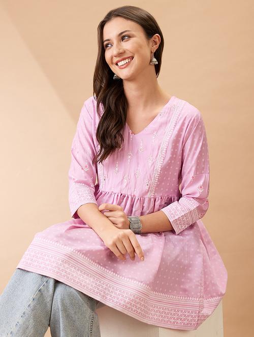 women pink ethnic print v-neck sequinned detail gathered tunic  - 21926786 -  Standard Image - 0