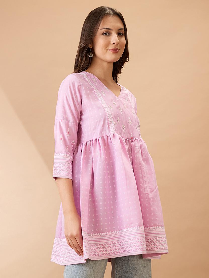 women pink ethnic print v-neck sequinned detail gathered tunic - 21926786 - Standard Image - 1