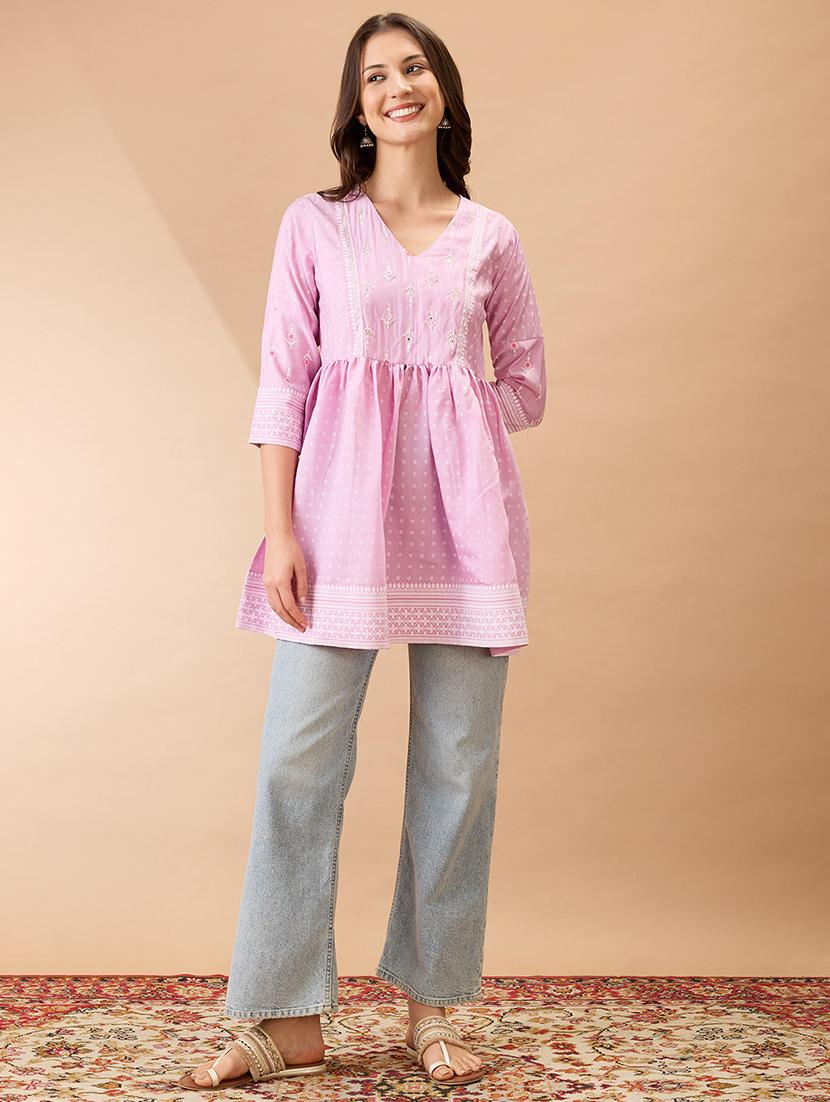 women pink ethnic print v-neck sequinned detail gathered tunic - 21926786 - Standard Image - 4