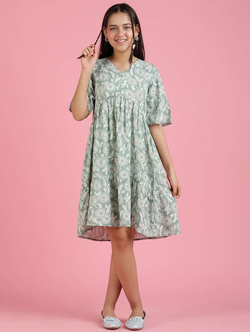 girls floral printed v neck tiered dress