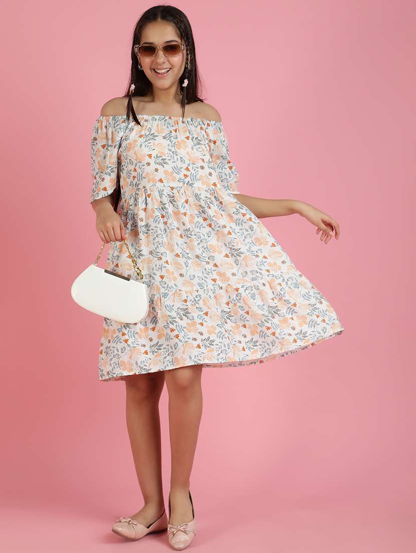 girls floral printed off shoulder tiered dress