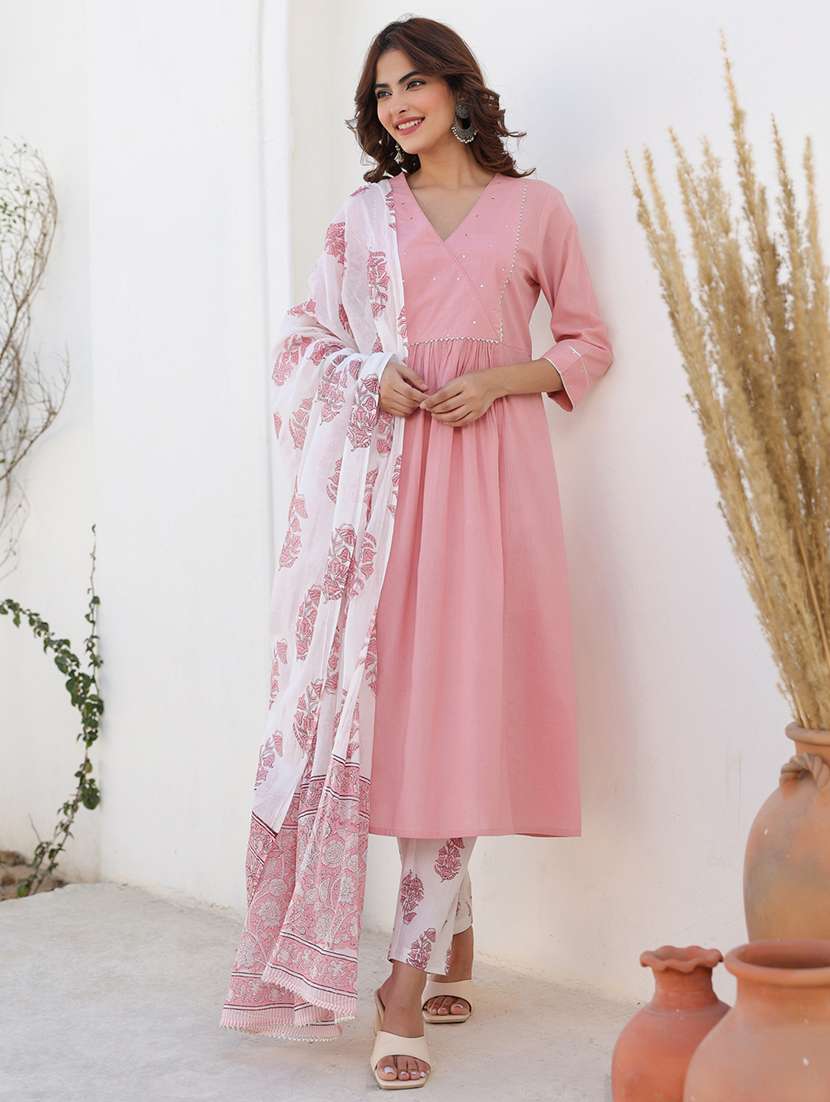 women three quarter sleeve kurta pant with dupatta set