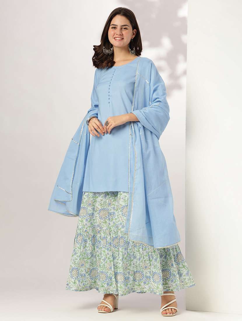 women three quarter sleeve kurta sharara with dupatta set - 21926823 -  Standard Image - 1
