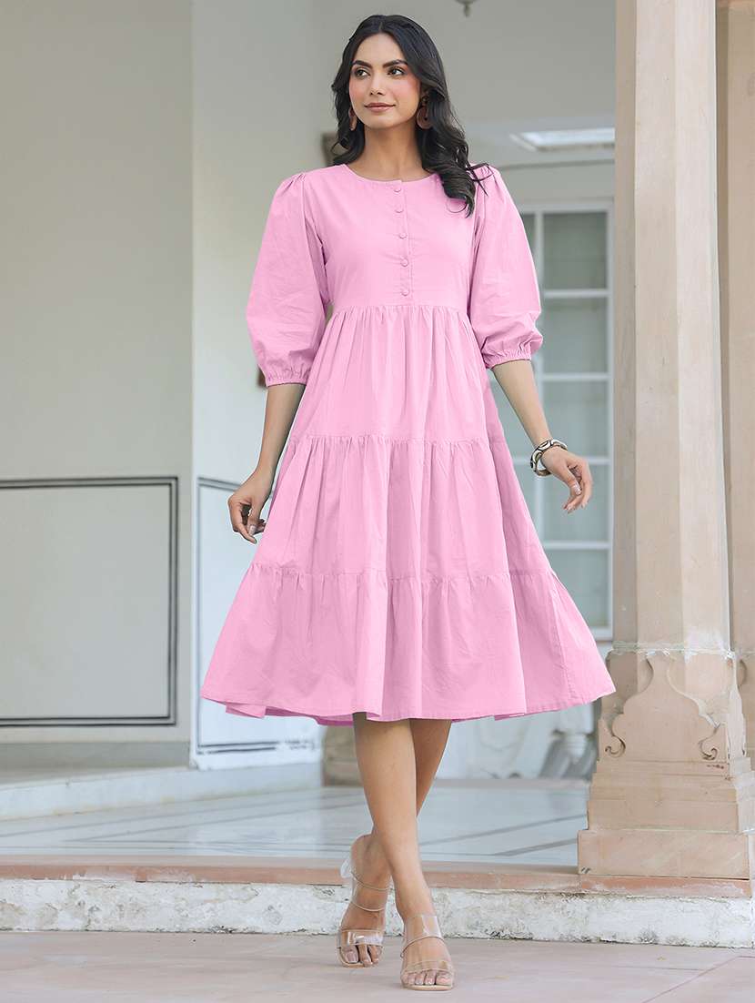 women solid puff sleeves tiered dress