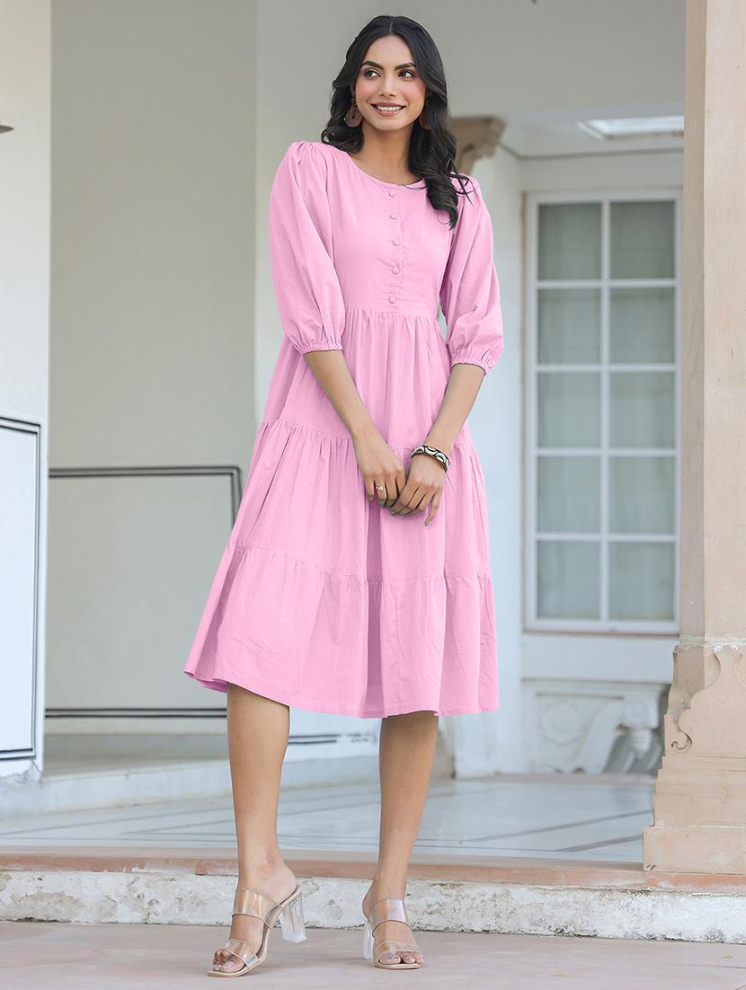 women solid puff sleeves tiered dress - 21926841 - Standard Image - 1