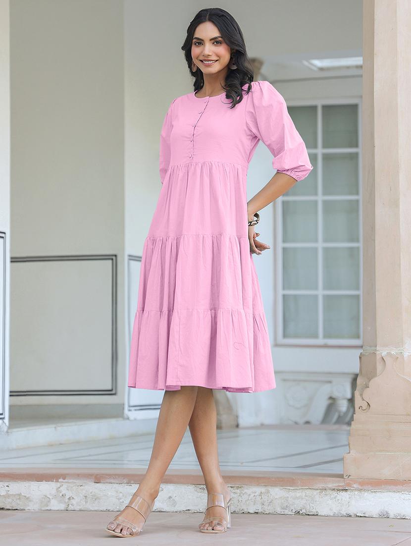women solid puff sleeves tiered dress - 21926841 - Standard Image - 4