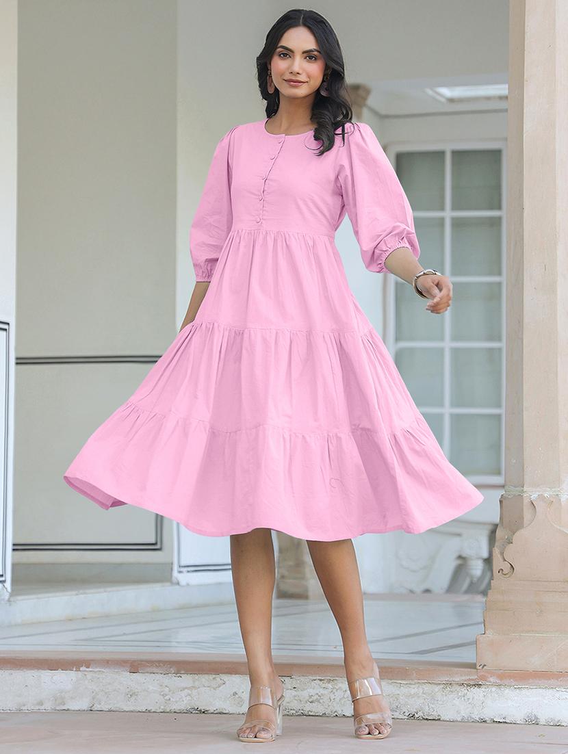 women solid puff sleeves tiered dress - 21926841 - Standard Image - 6