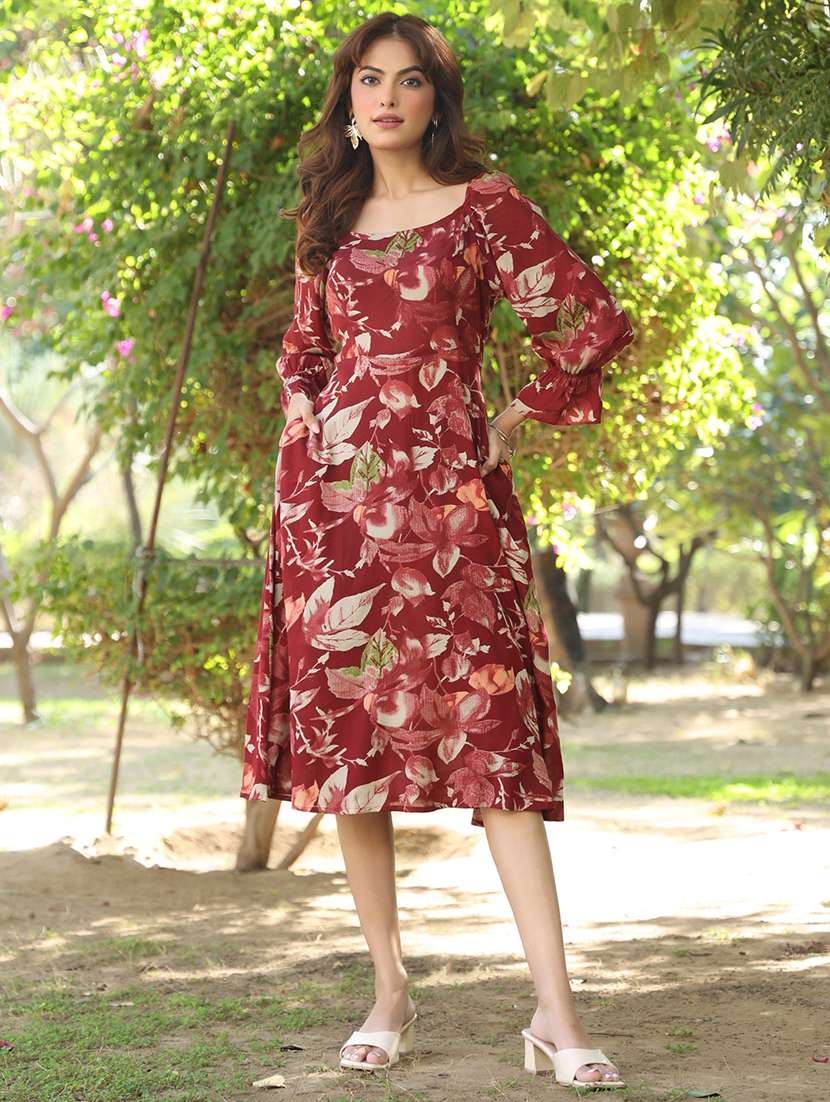 women floral printed three quarter sleeves a-line dress - 21926844 -  Standard Image - 1