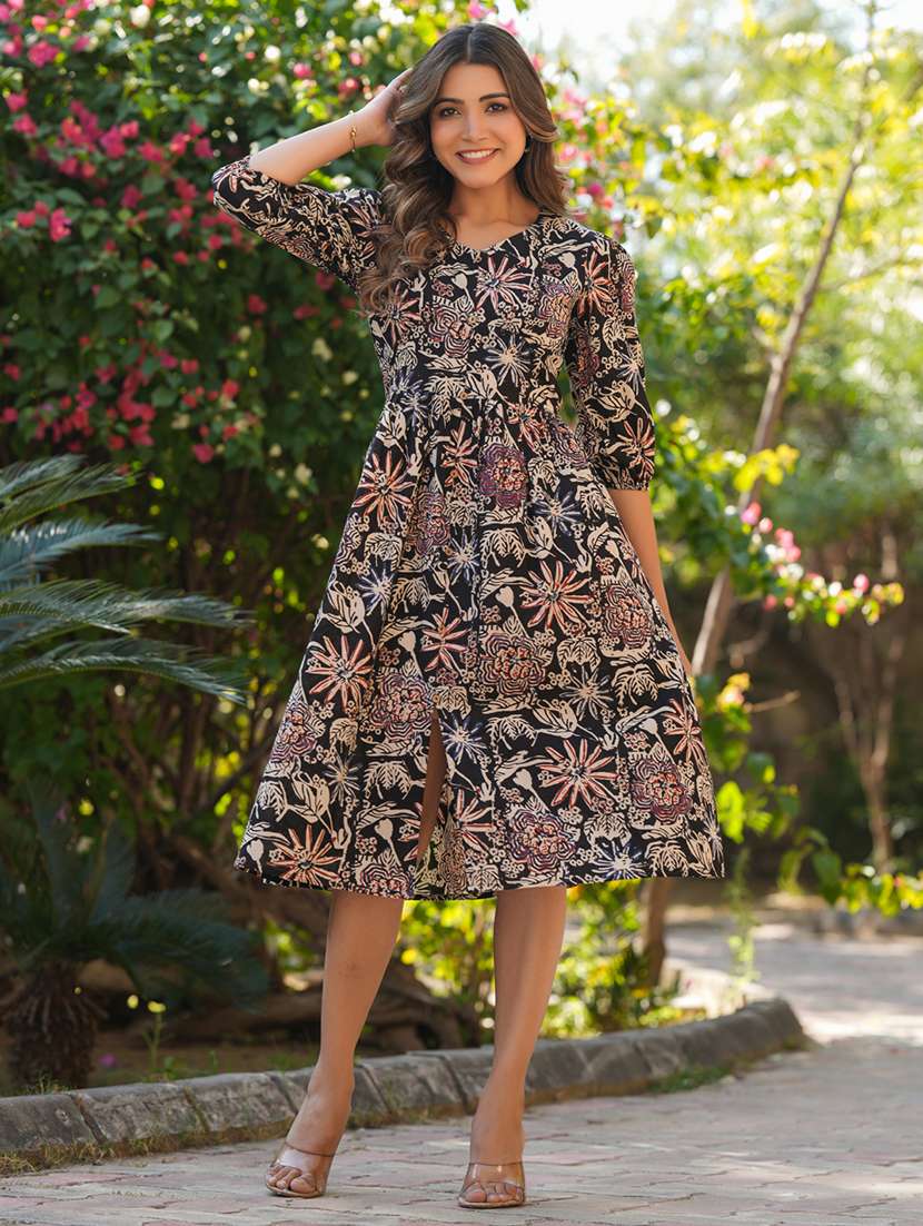 women printed puff sleeves fit & flare dress - 21926846 - Standard Image - 1