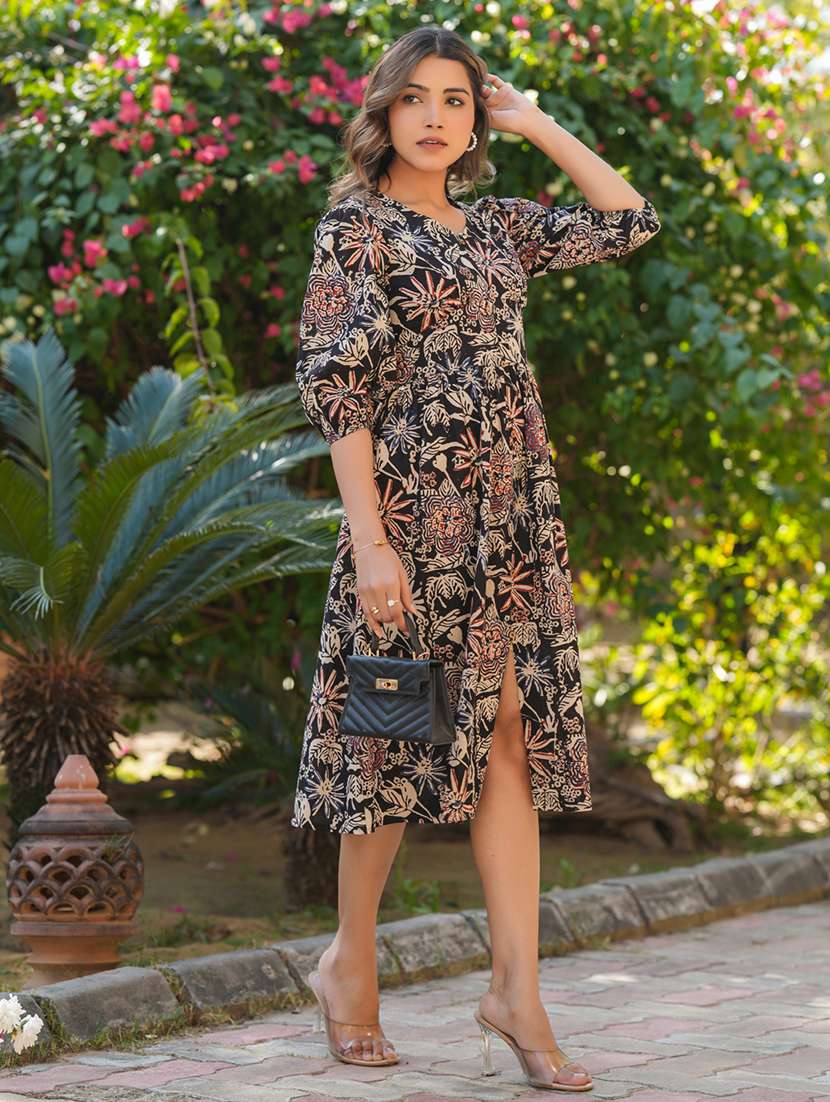 women printed puff sleeves fit & flare dress - 21926846 - Standard Image - 4