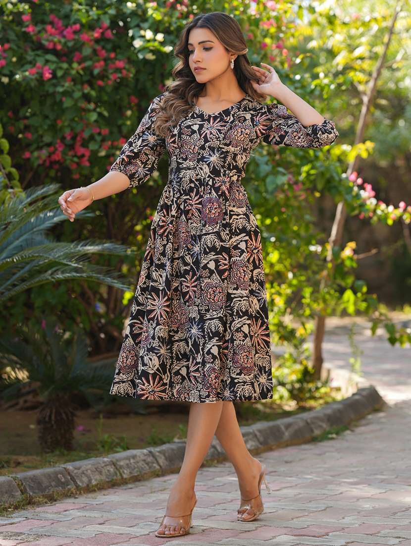women printed puff sleeves fit & flare dress - 21926846 - Standard Image - 6