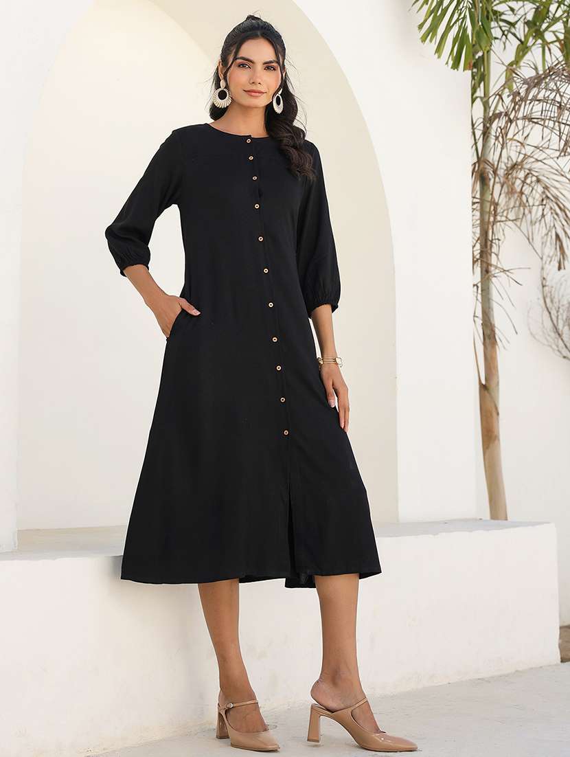 women solid three quarter sleeves a-line dress - 21926847 -  Standard Image - 1