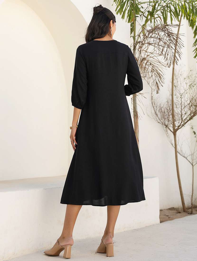 women solid three quarter sleeves a-line dress - 21926847 -  Standard Image - 4