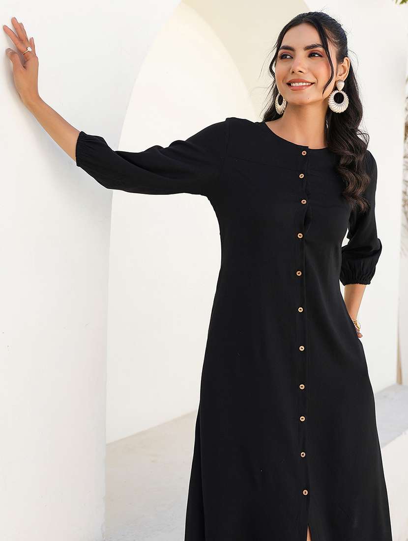 women solid three quarter sleeves a-line dress - 21926847 -  Standard Image - 6