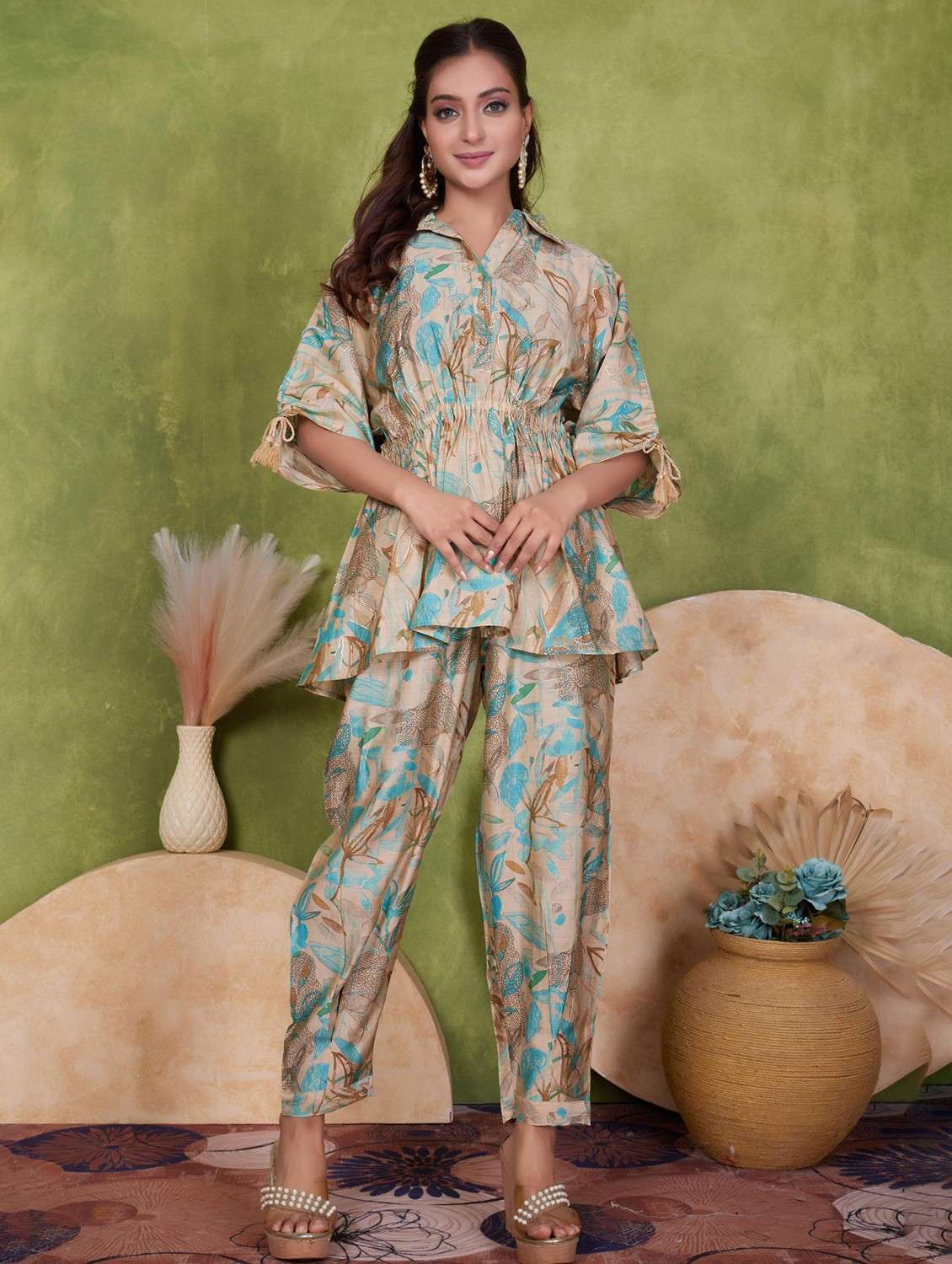 women beige kimono sleeve ethnic co ord set