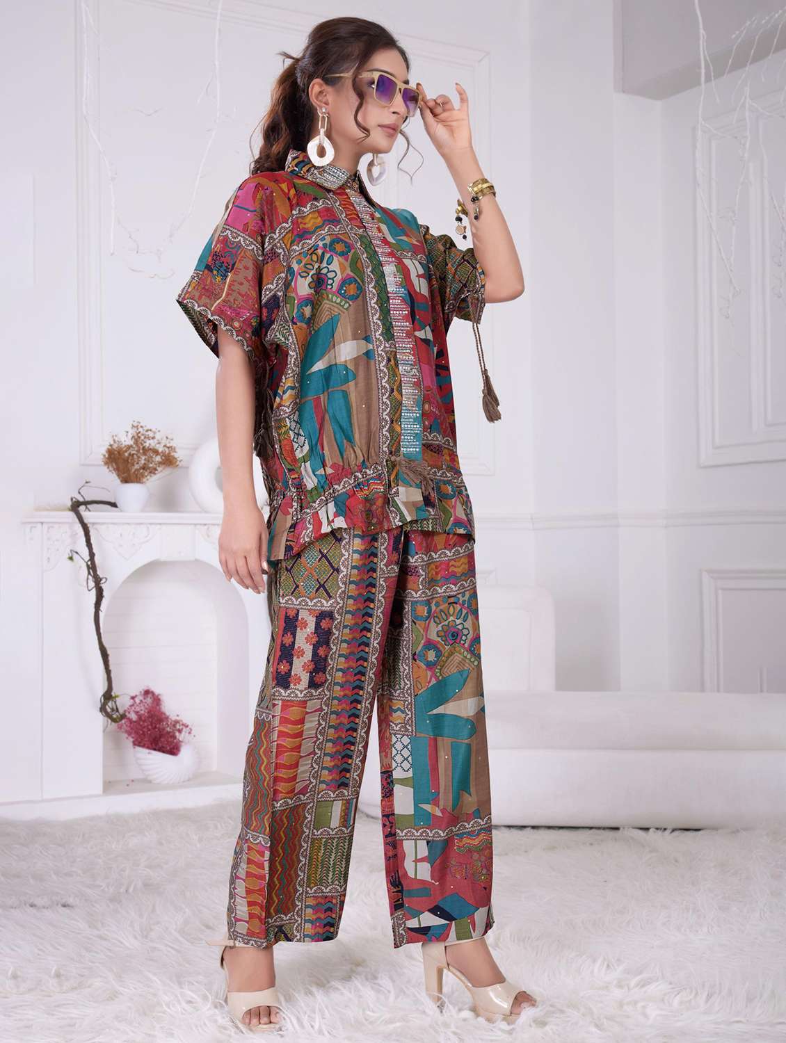 women printed short sleeve shirt & trouser co ord set