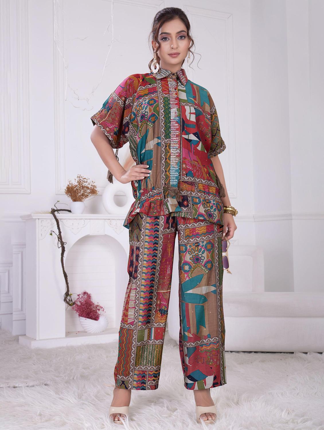 women printed short sleeve shirt & trouser co ord set - 21927943 -  Standard Image - 1