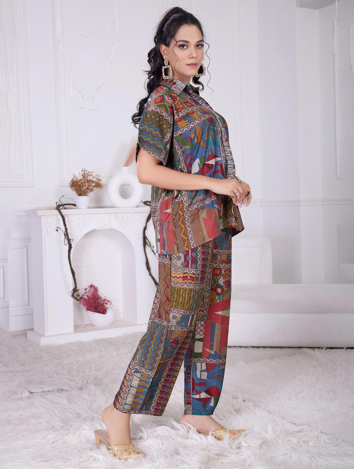 women printed short sleeve shirt & trouser co ord set - 21927944 -  Standard Image - 1