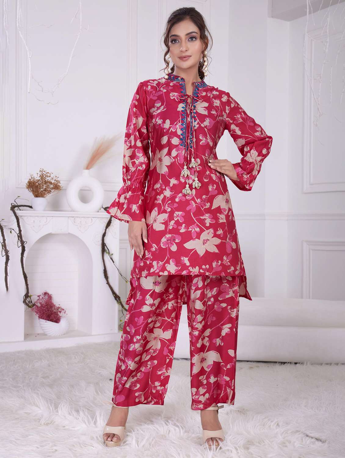 women printed long sleeve ethnic co-ord set