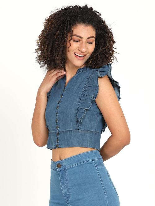 women solid sleeveless denim crop top - 21928038 - Standard Image - 0