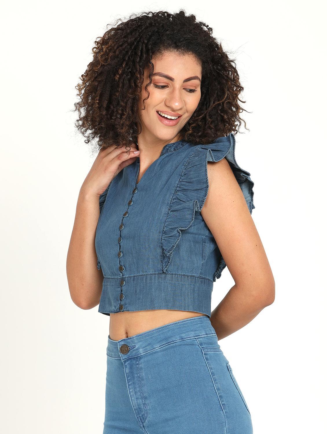 women solid sleeveless denim crop top - 21928038 - Zoom Image - 0