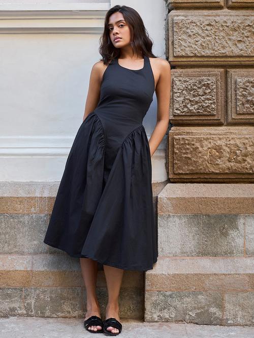 women solid hlater neck fit & flare dress - 21928225 - Standard Image - 0