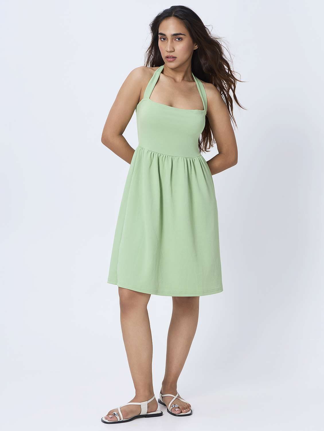 women solid halter neck fit & flared dress