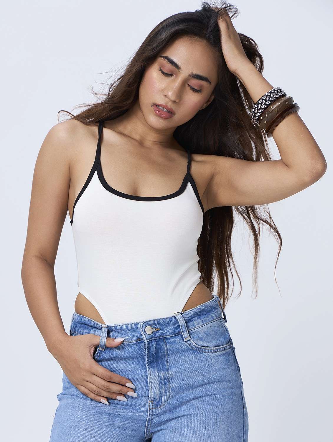 women solid shoulder strap bodysuit top