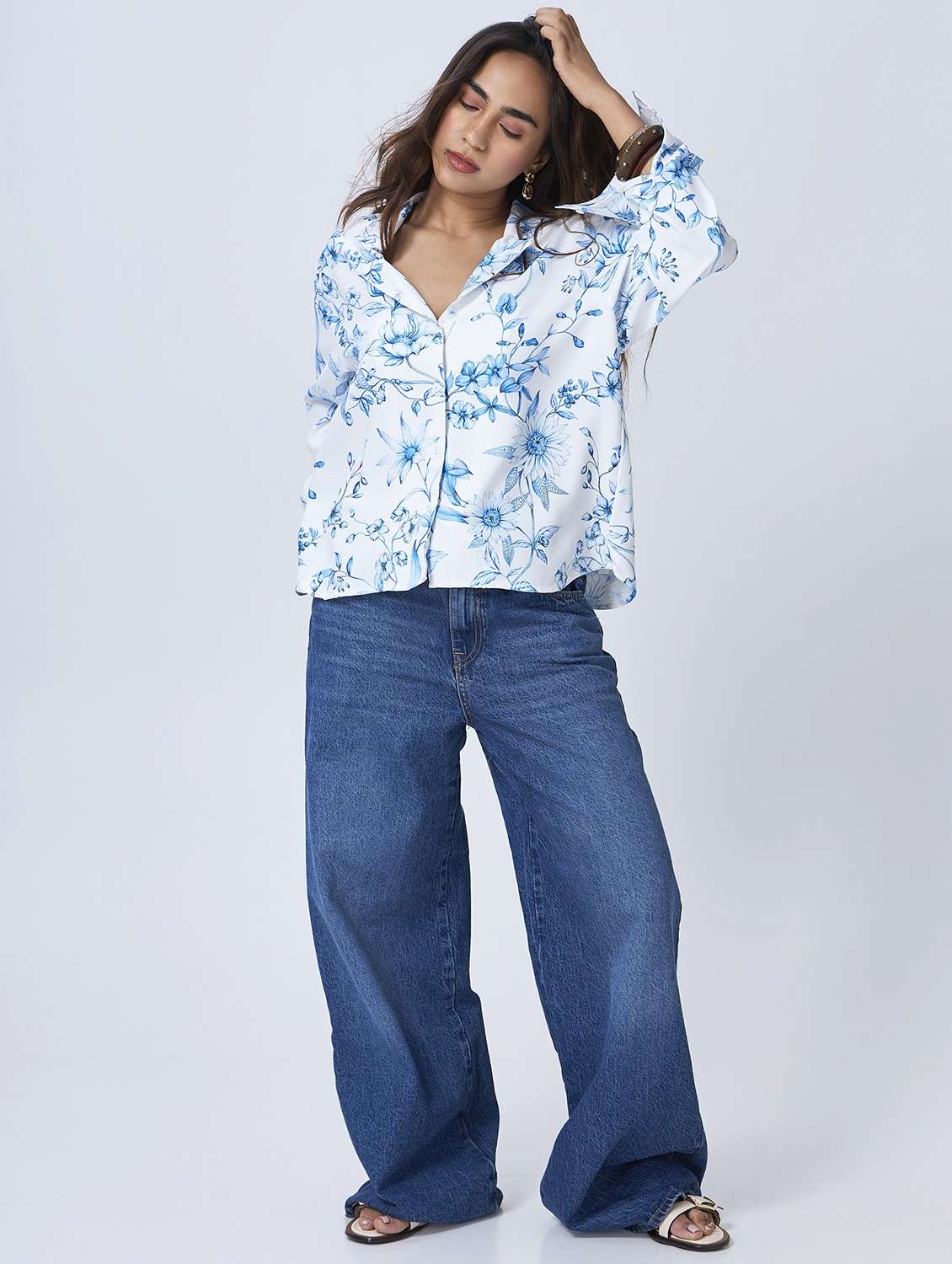 women floral printed collared oversized shirt