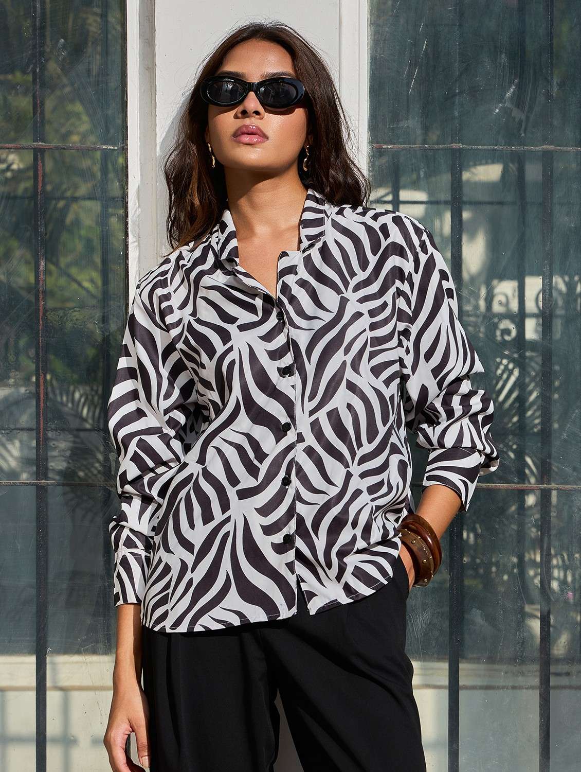 women animall printed collared relaxed fit shirt