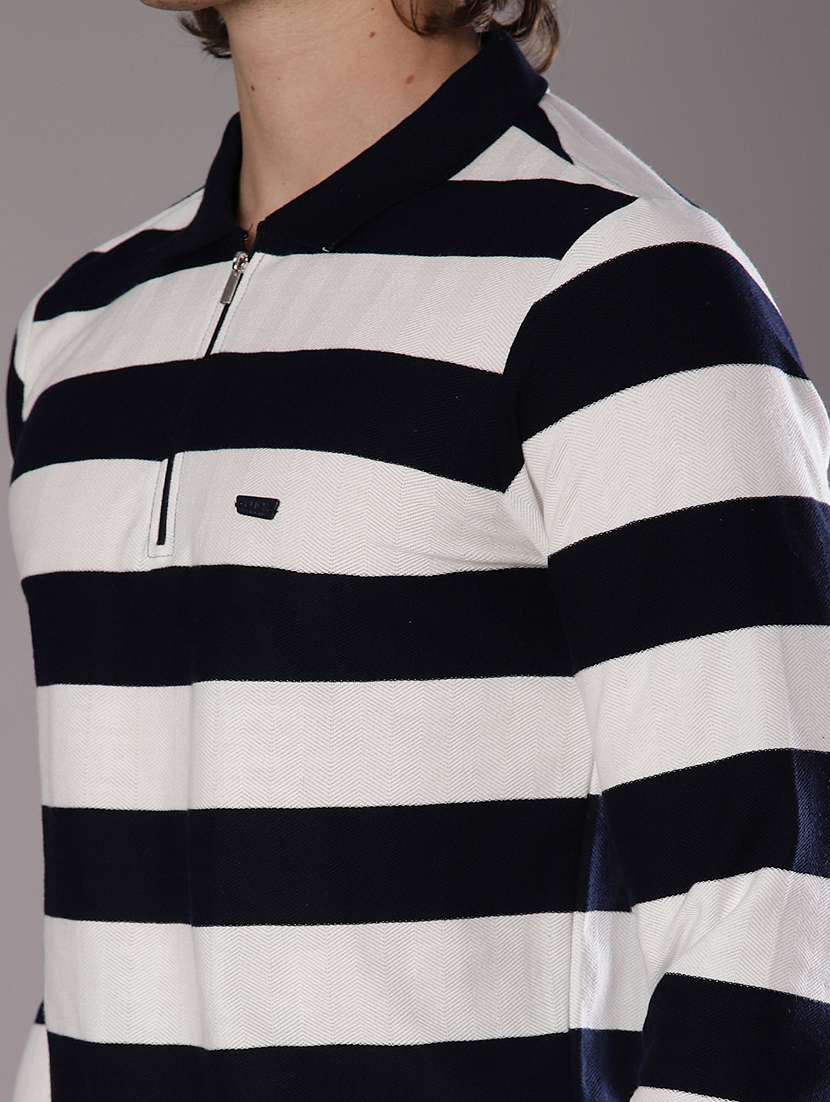 Men Striped Long Sleeve Regular Fit Polo T Shirt