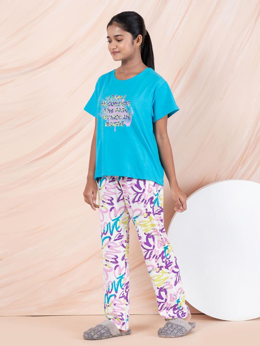 girls blue printed round neck pyjama set nightwear - 21928544 - Standard Image - 1