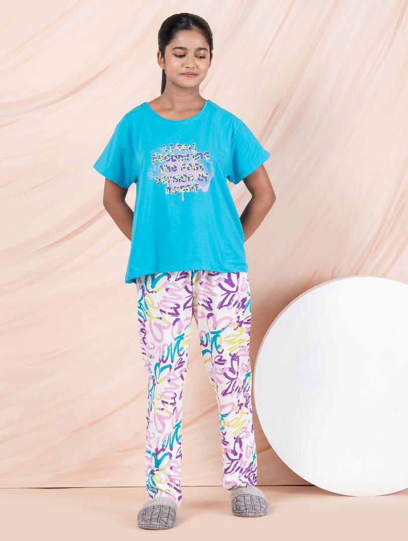 girls blue printed round neck pyjama set nightwear - 21928544 - Standard Image - 4