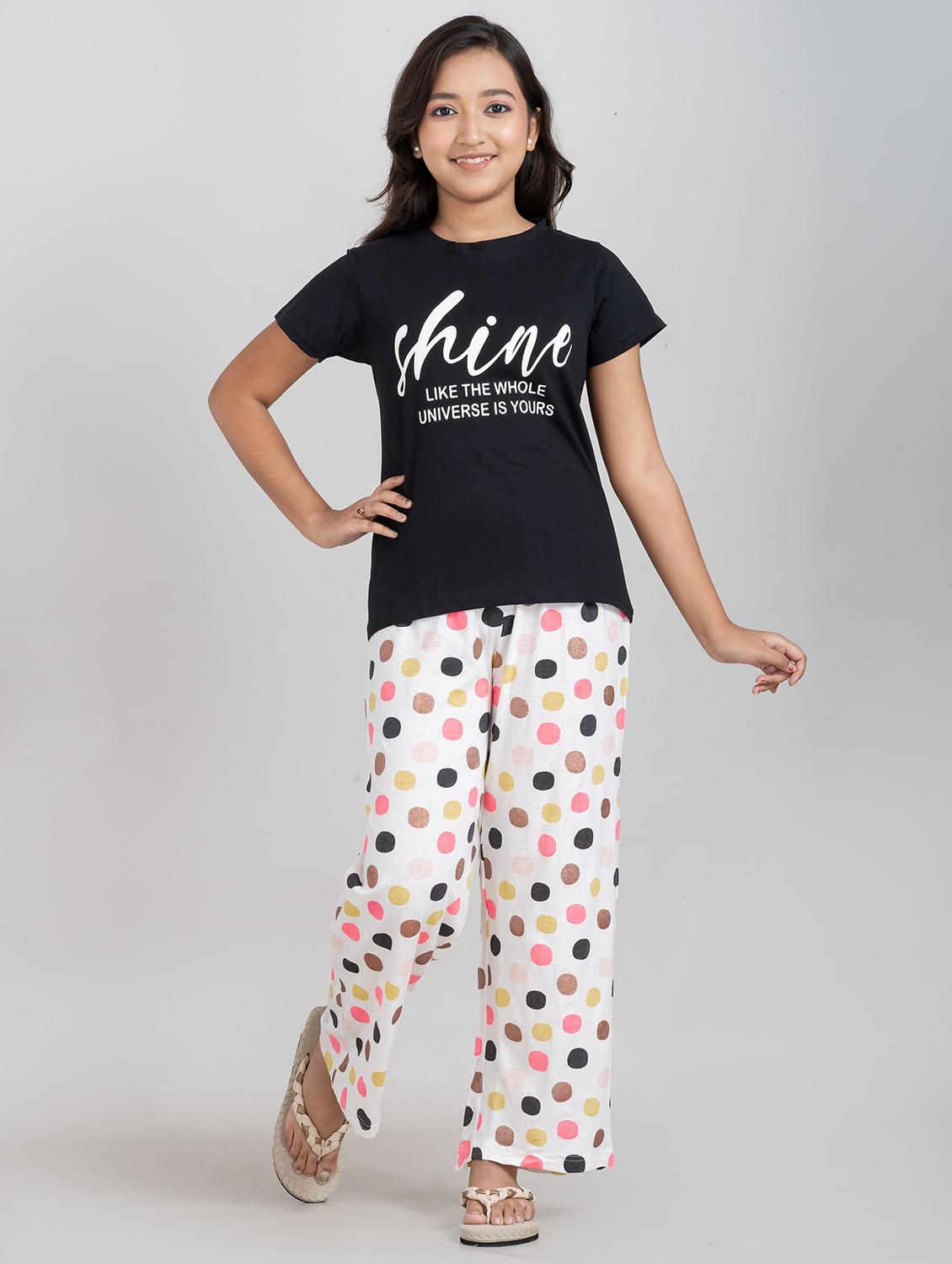 girls typographic round neck pyjama set nightwear - 21928556 - Standard Image - 1