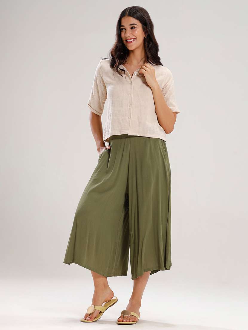 women solid high rise calf length palazzo - 21928572 -  Standard Image - 4