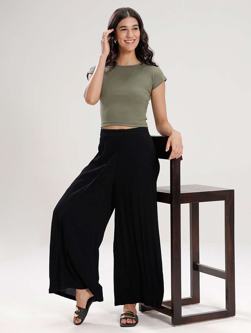 women solid high rise wide leg trouser - 21929578 -  Standard Image - 4