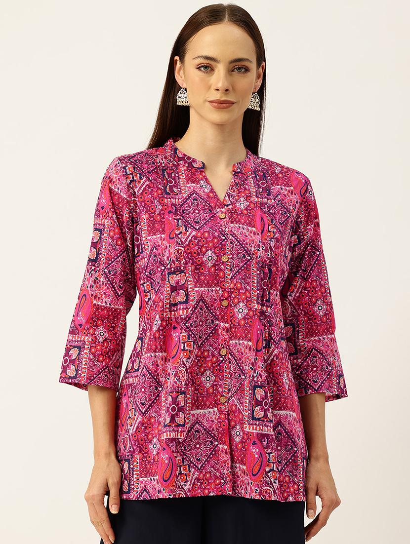 women printed mandarin neck short kurti - 21930272 -  Zoom Image - 0