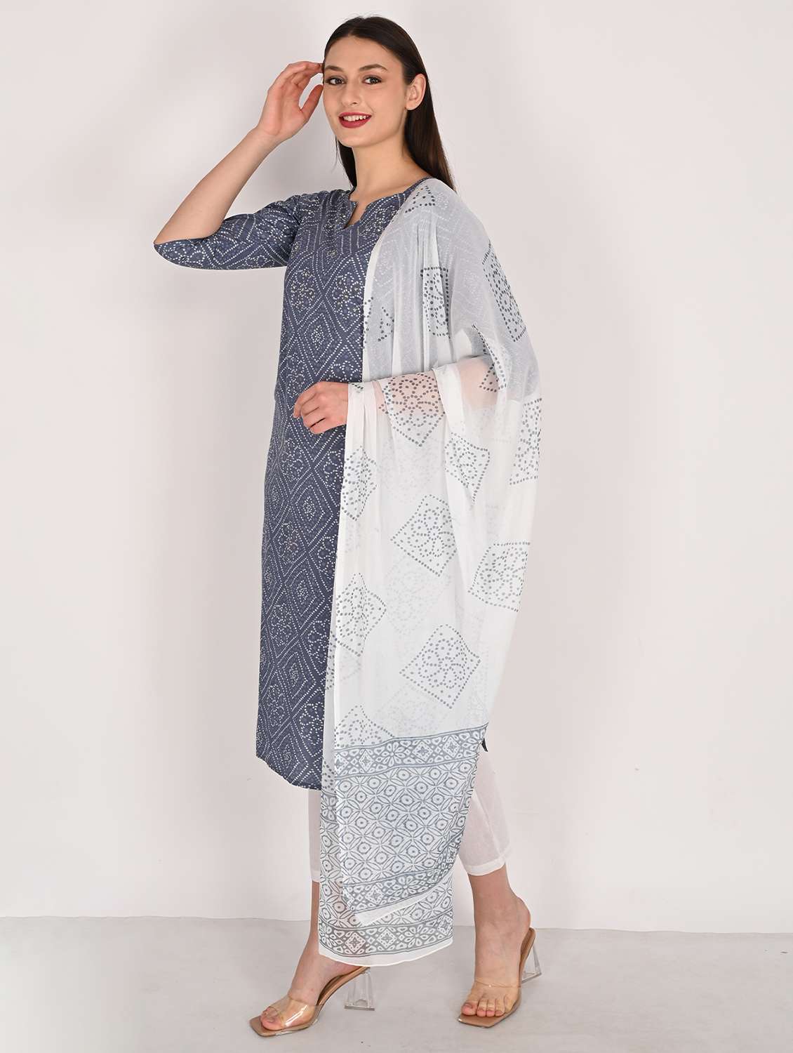 women three quarter sleeve kurta pant with dupatta set - 21930371 -  Standard Image - 1