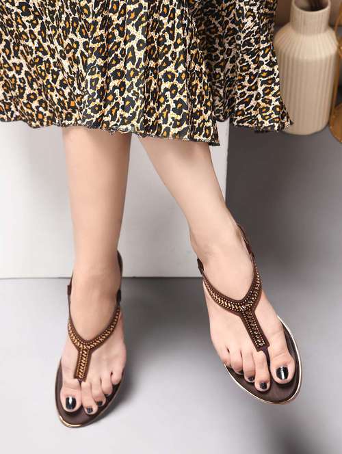 women brown t-strap sandal