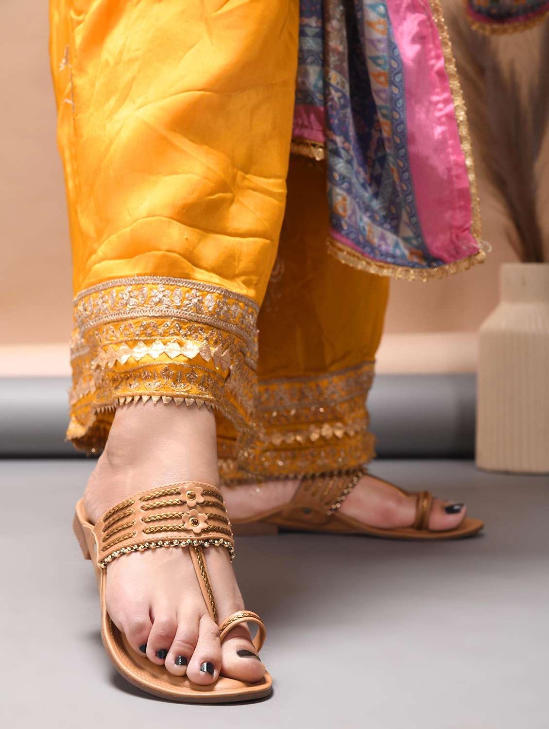 beige pu one toe kolhapuris