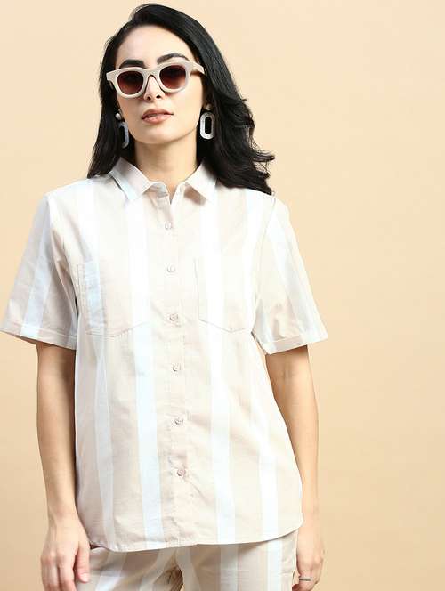 women striped collared short sleeves shirt - 21930438 - Standard Image - 0