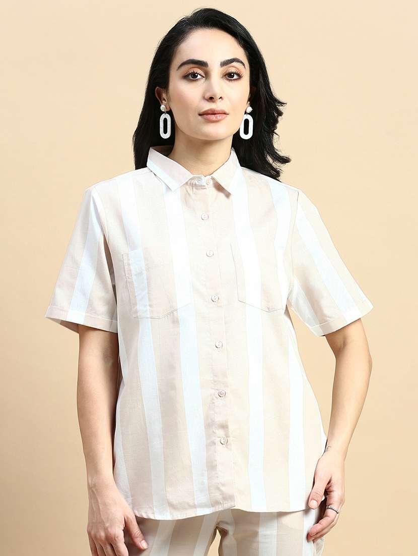 women striped collared short sleeves shirt - 21930438 - Standard Image - 1