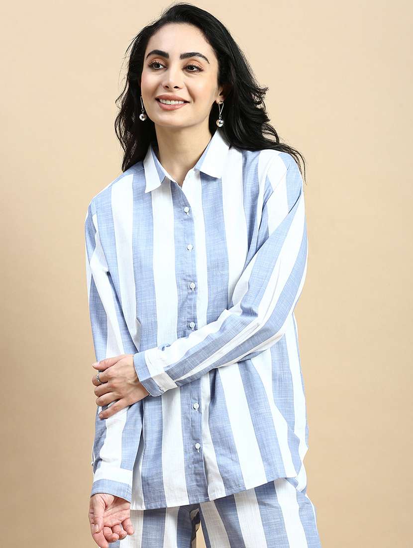 women striped collared long sleeves shirt - 21930439 - Zoom Image - 0
